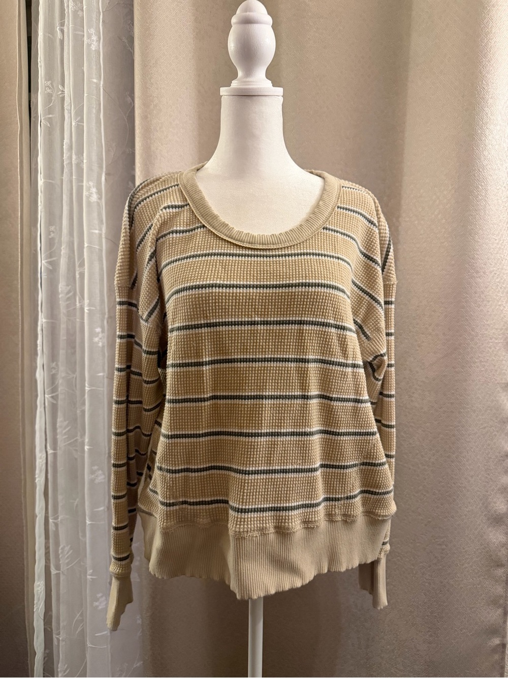 aerie Beige Striped Waffle-Knit Crewneck Sweater